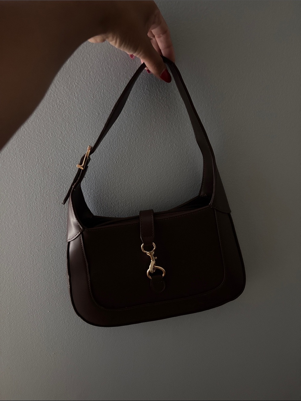 Classic Dark Brown Leather Shoulder Bag with Gold Hardware